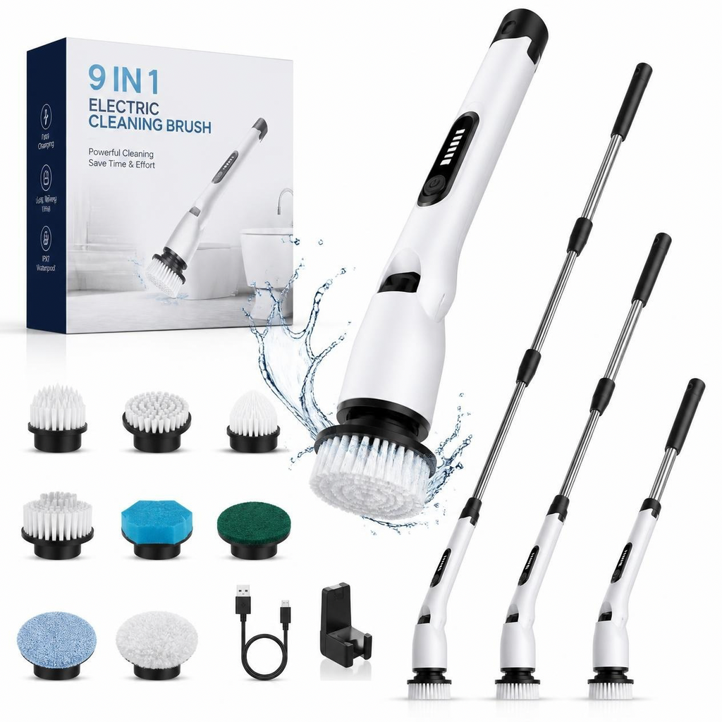 9 in 1 Multifunctional Handheld Electric Cleaning Brush With Telescopic Function, Bathroom Floor And Kitchen Cleaning Tool