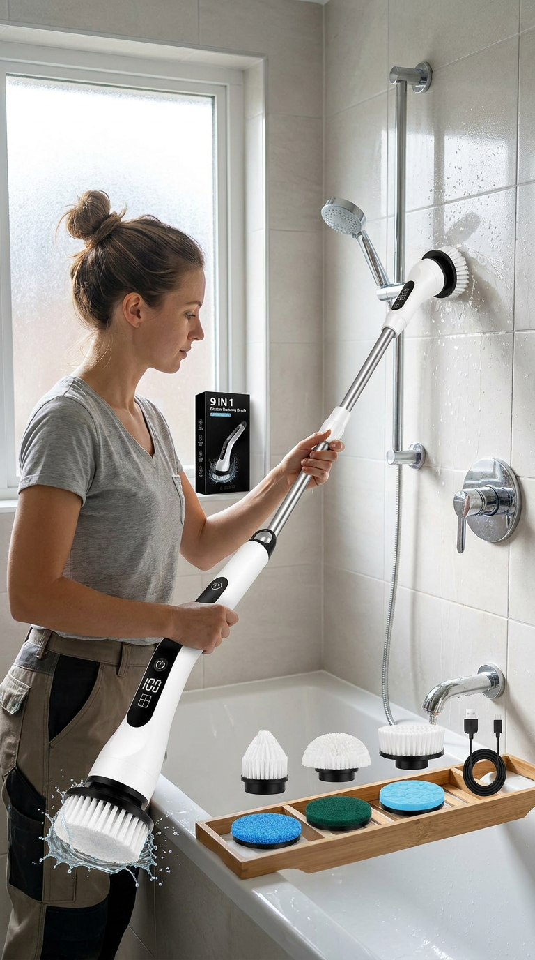 Brosse électrique rotative sans fil 9-en-1 – Manche télescopique 30-137 cm – Nettoyage toutes surfaces
