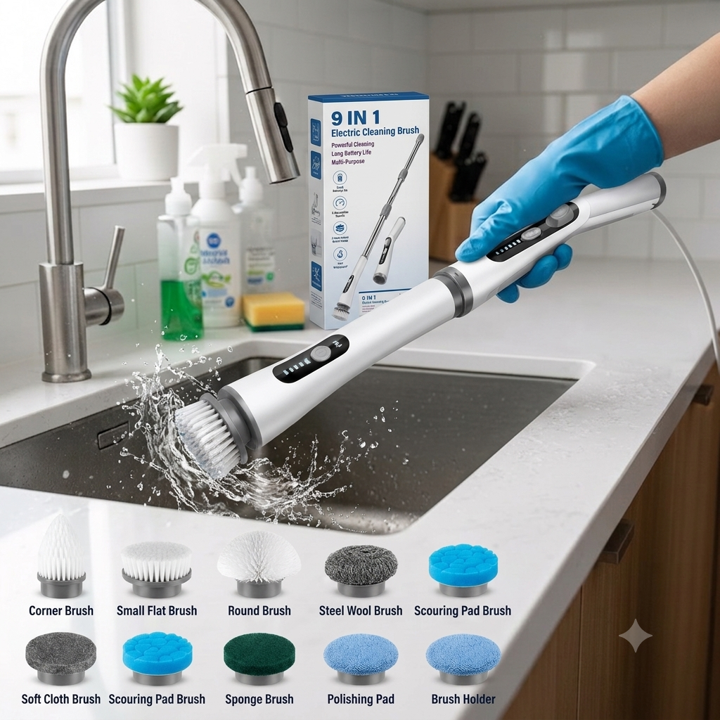 9 in 1 Multifunctional Handheld Electric Cleaning Brush With Telescopic Function, Bathroom Floor And Kitchen Cleaning Tool