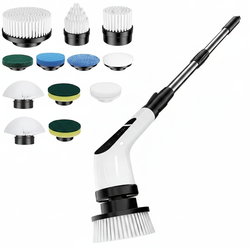 9-in-1 Electric Spin Scrubber with all attachments on white background