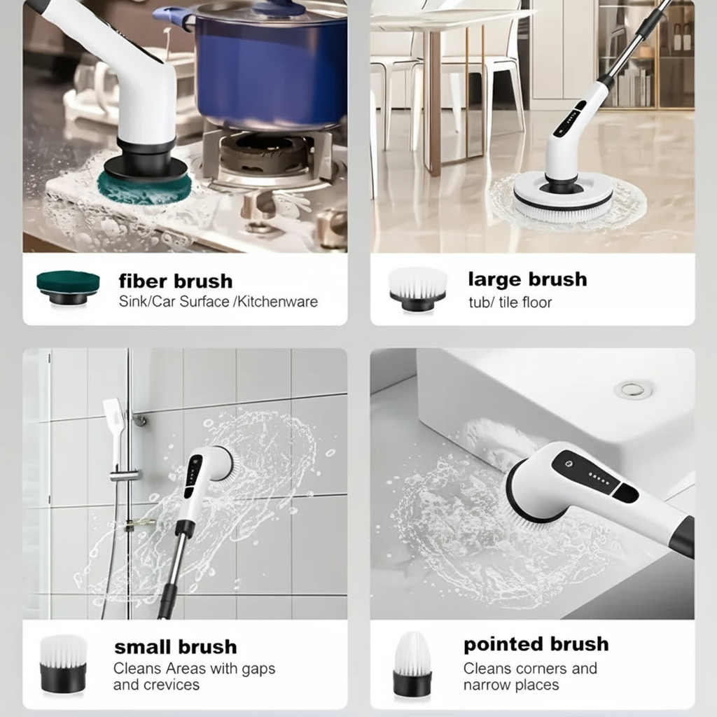Electric spin scrubber brush heads and usage
